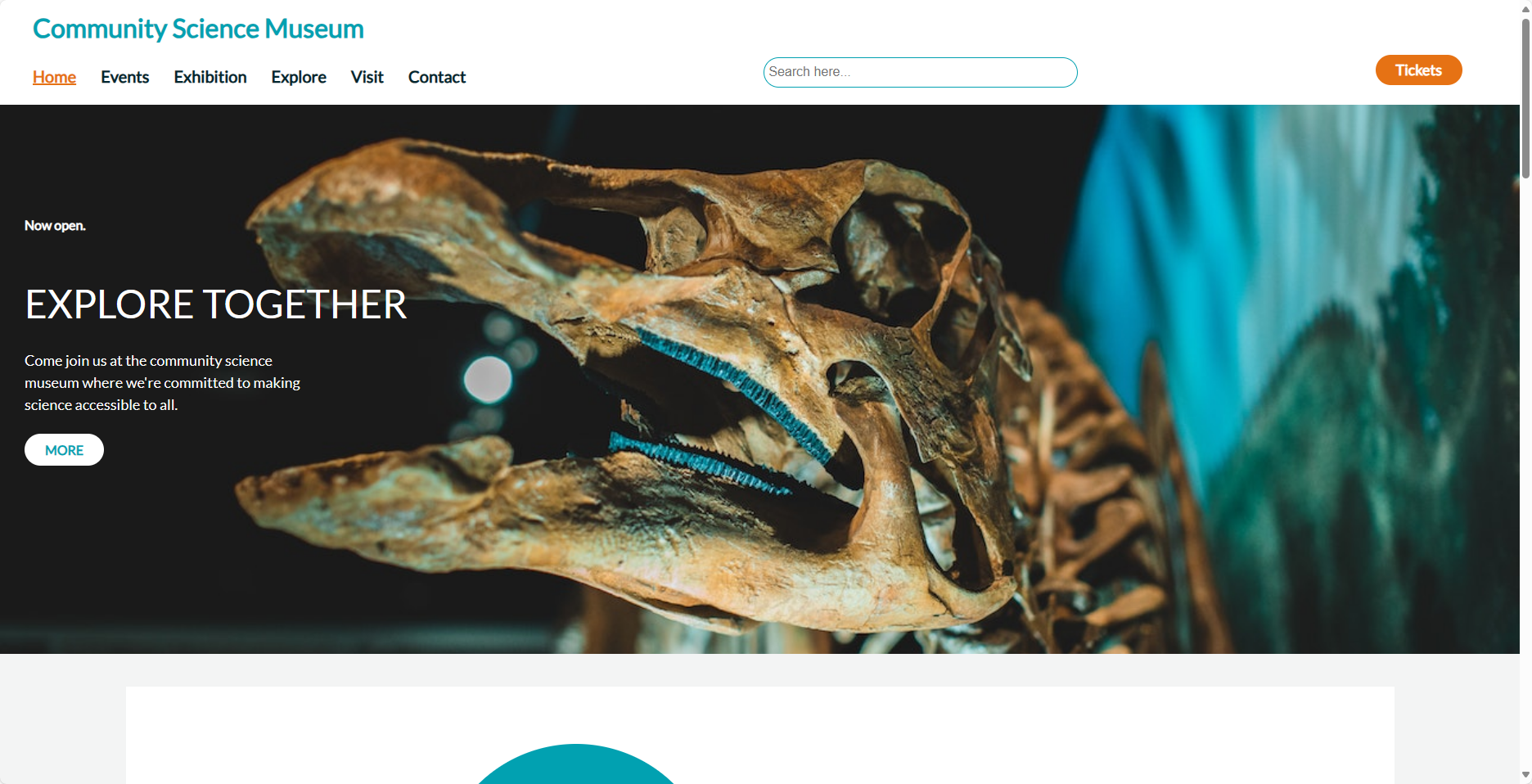 The homepage of a museum website with a dinosaur as cover image.