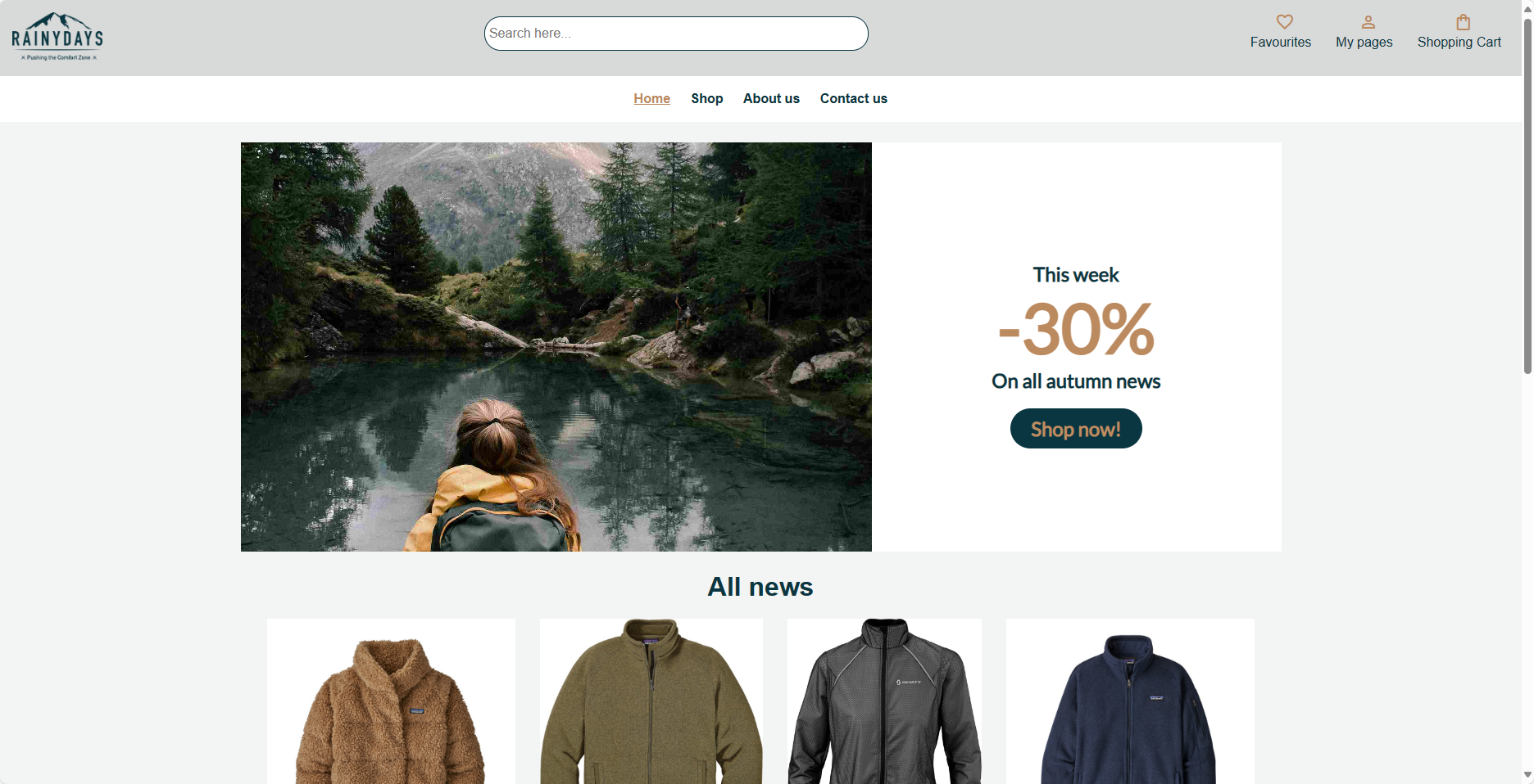 The homepage of a rain jacket e-commerce store.